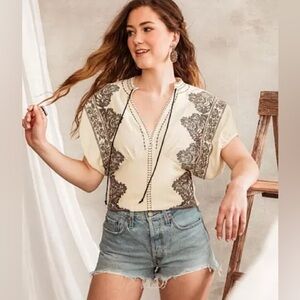 Free People Temecula Blouse Ivory Combo L Feminine Boho Cropped Top